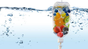 fruit in an iv bag floating in water
