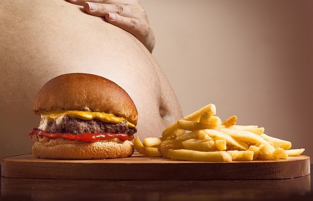 Hamburger and fries next to someone’s stomach