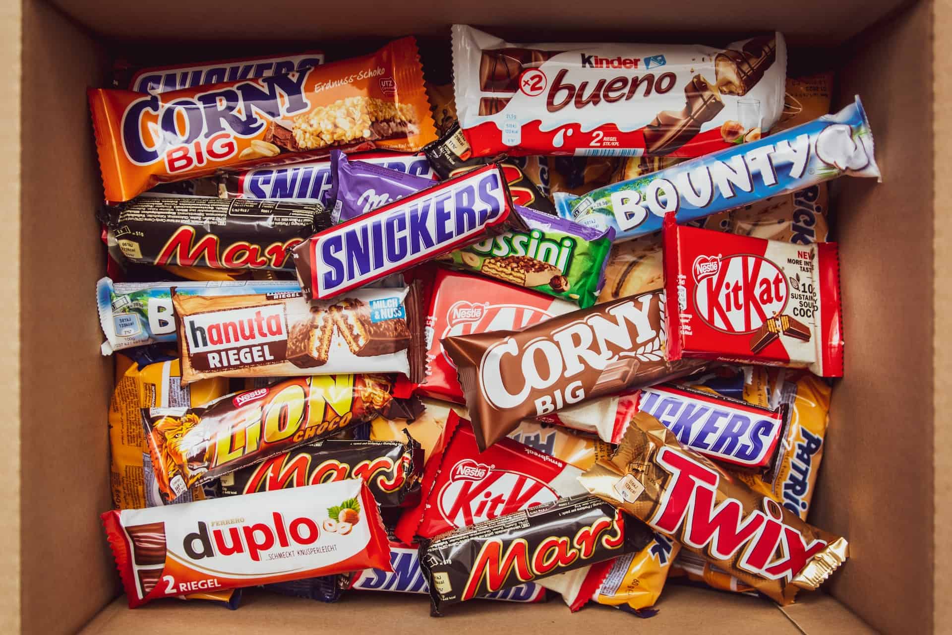 Box full of an assortment of candy bars