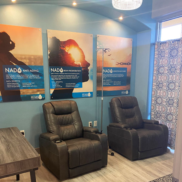 Prime IV Wellness Lounge with empty chairs for NAD+ Injections