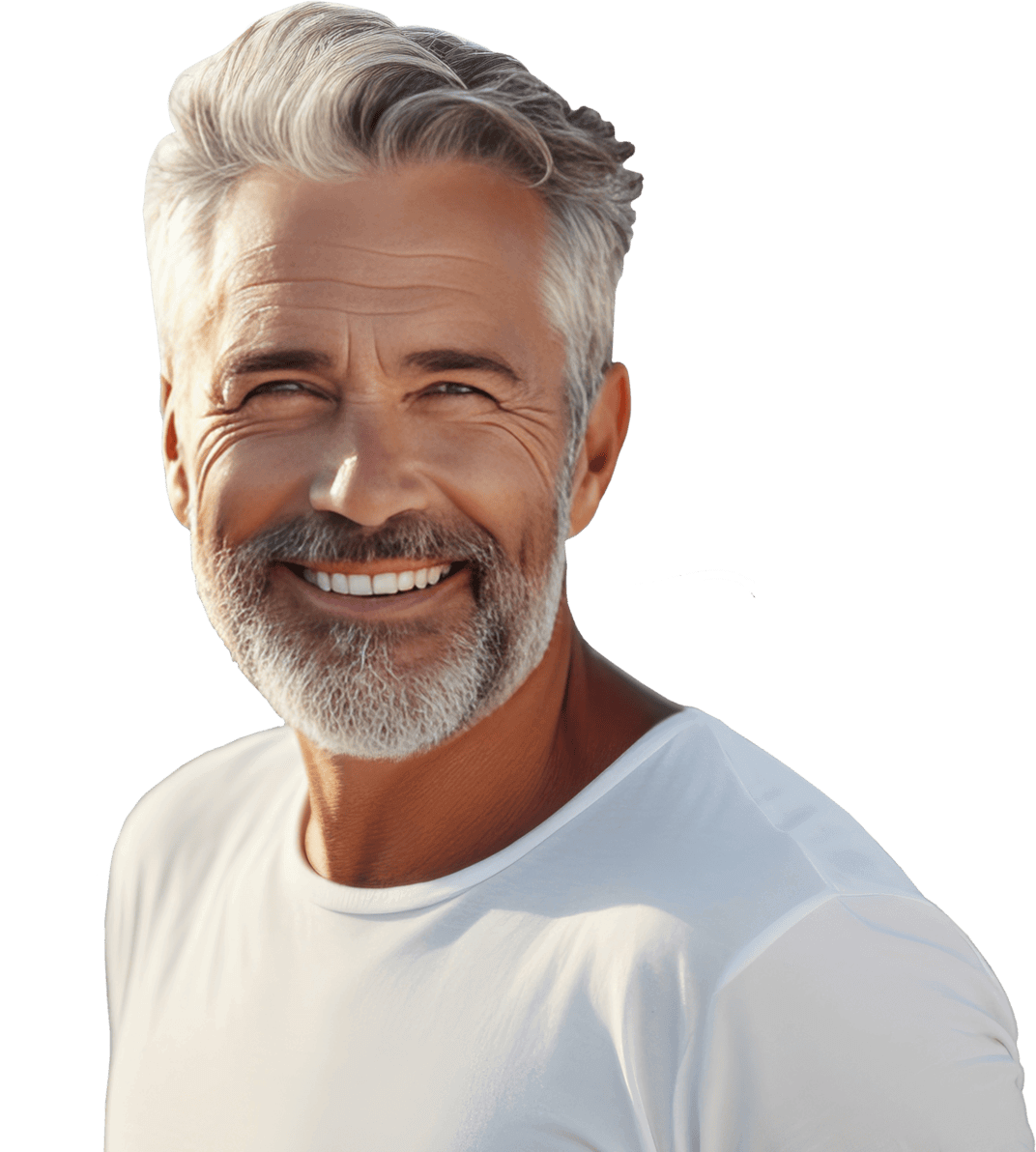 Smiling older man with gray hair and beard in a white t-shirt, looking confidently at the camera